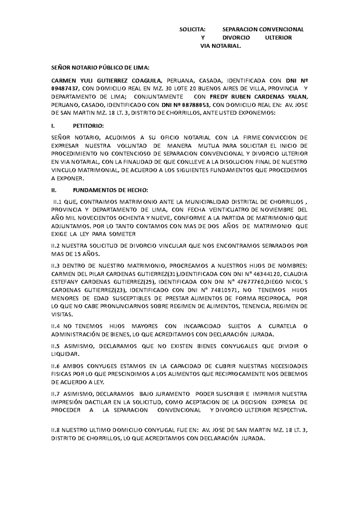 Divorcio Mutuo Acuerdo Notarial Solicita Separacion Convencional Y