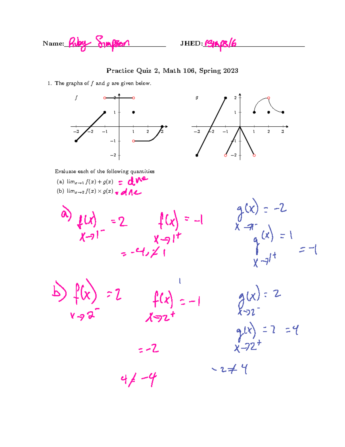 Practice quiz 2 - ####### Name: JHED: ####### Practice Quiz 2, Math 106 ...