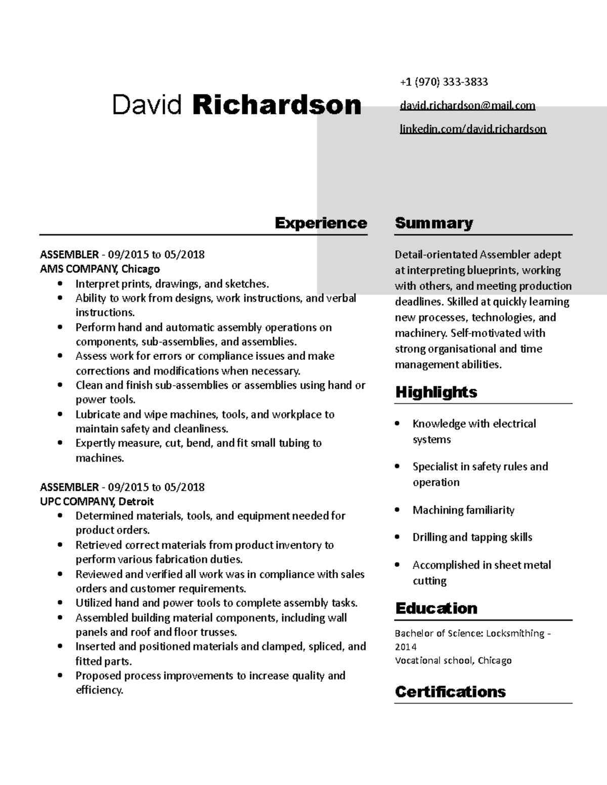 Assembler resume template Summary Detailorientated Assembler adept