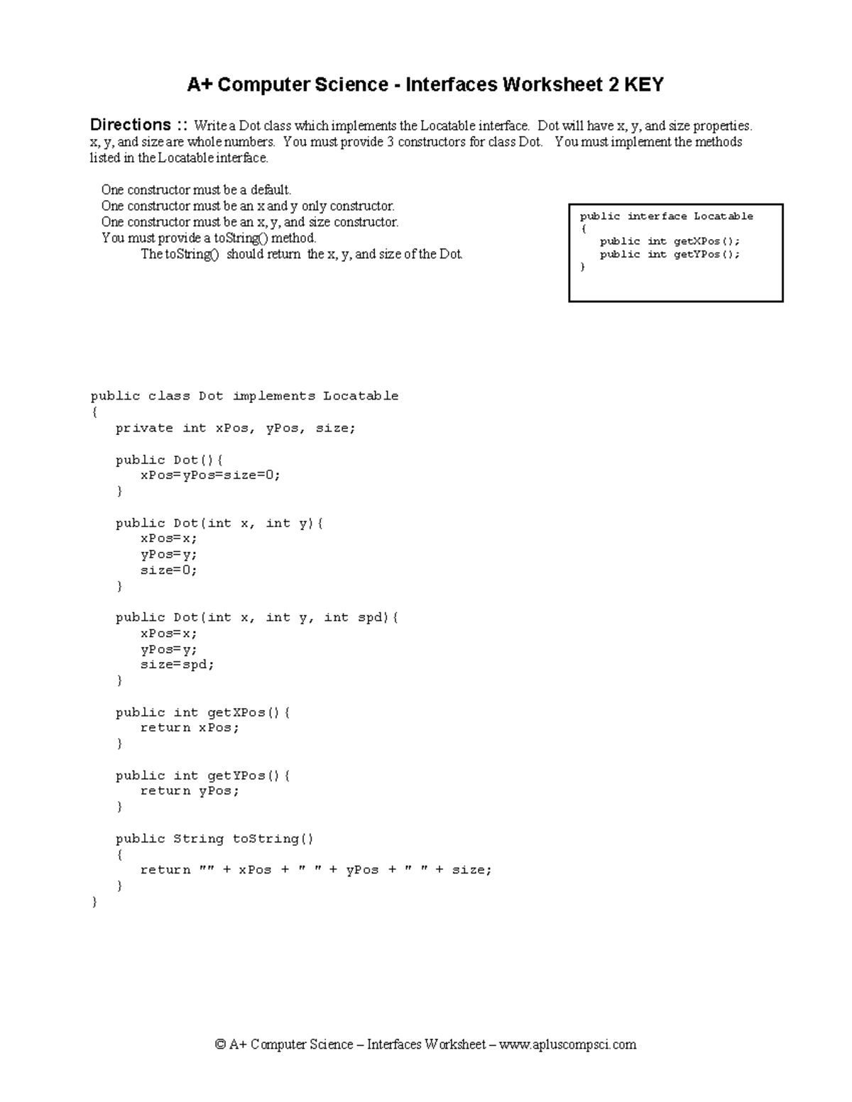 Interfaces worksheet 2 java aplus key - public interface Locatable ...