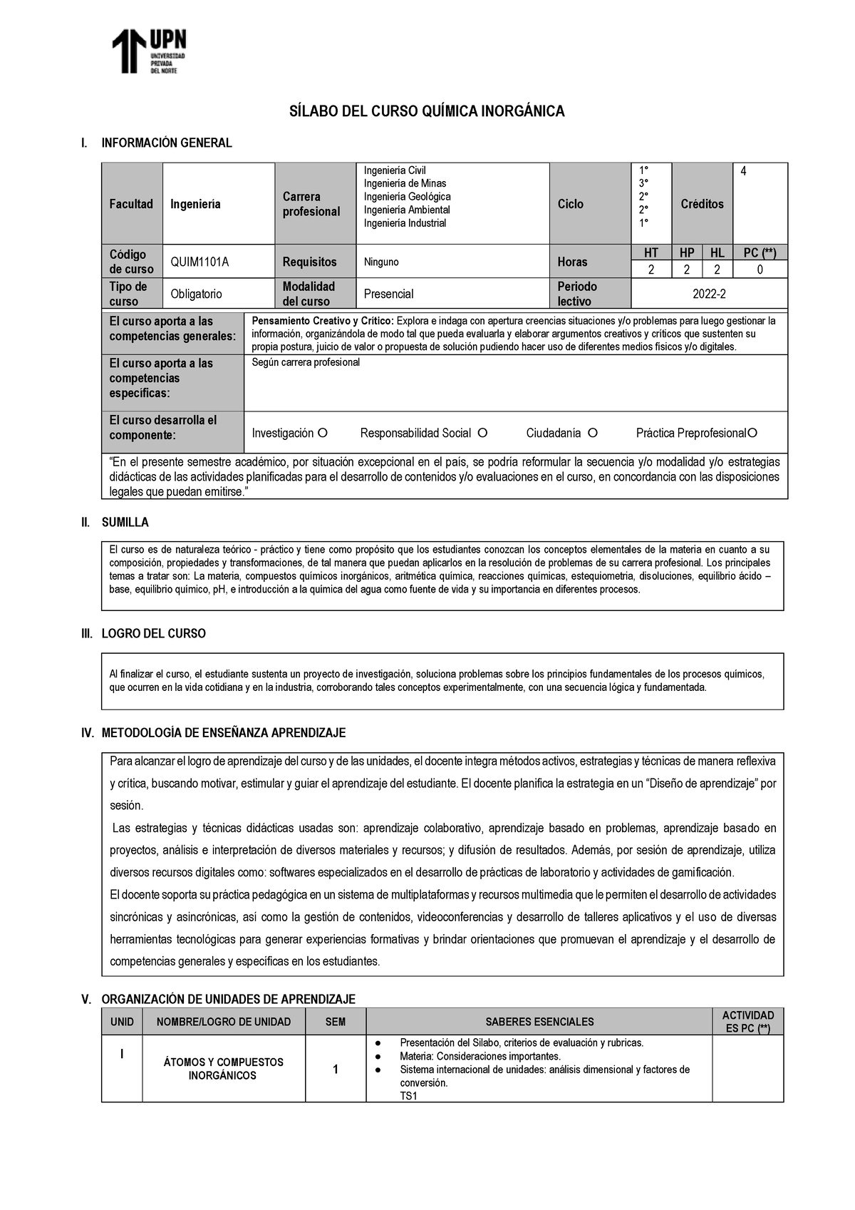 Sílabo DEL Curso Química Inorgánica - SÕLABO DEL CURSO QUÕMICA INORG ...