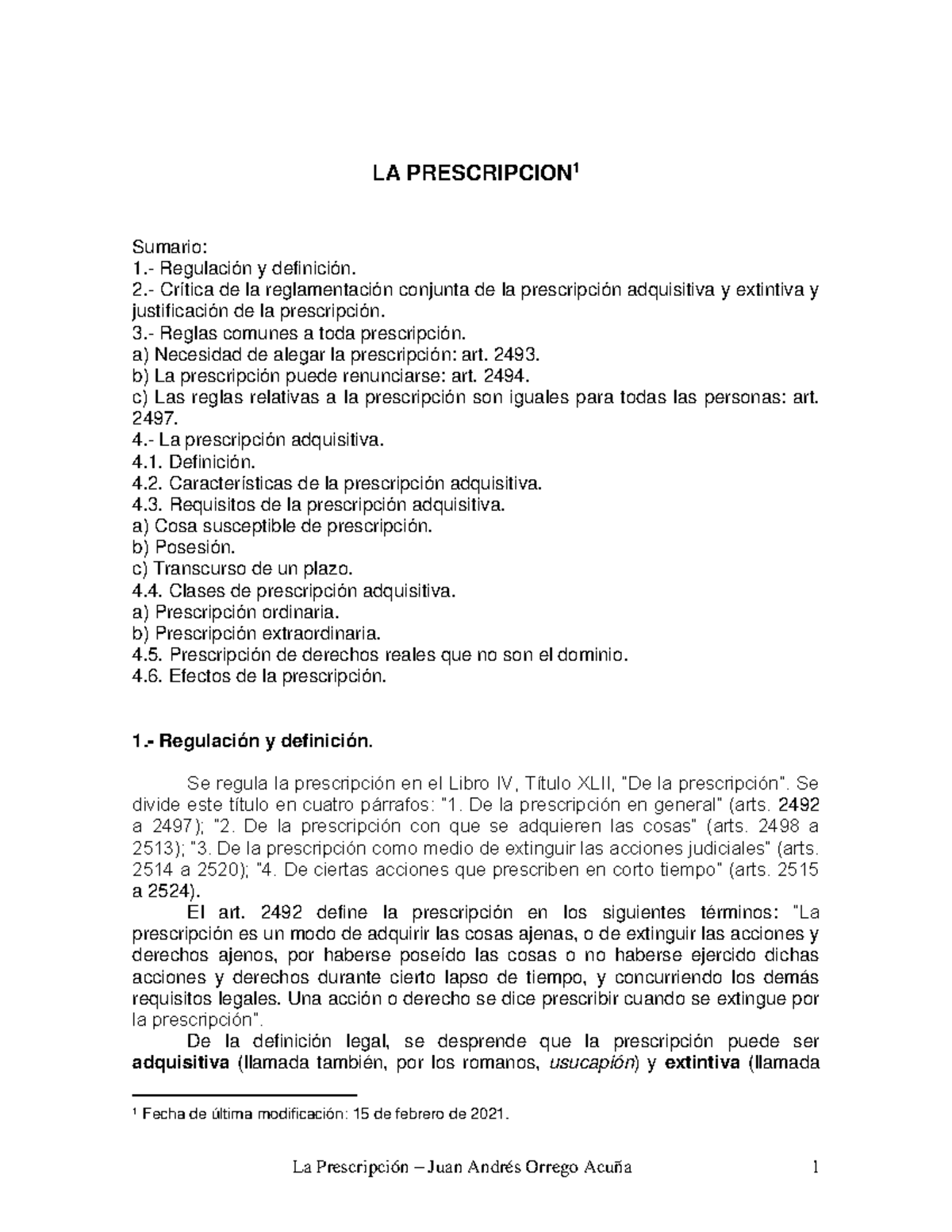 La Prescripción - Juan Andrés Orrego - LA PRESCRIPCION 1 Sumario: 1 ...