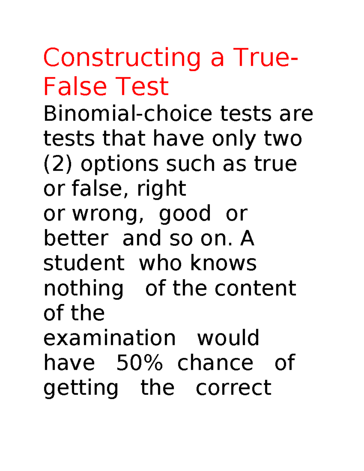Constructing a True False Test and Multiple Choice Test - Constructing ...