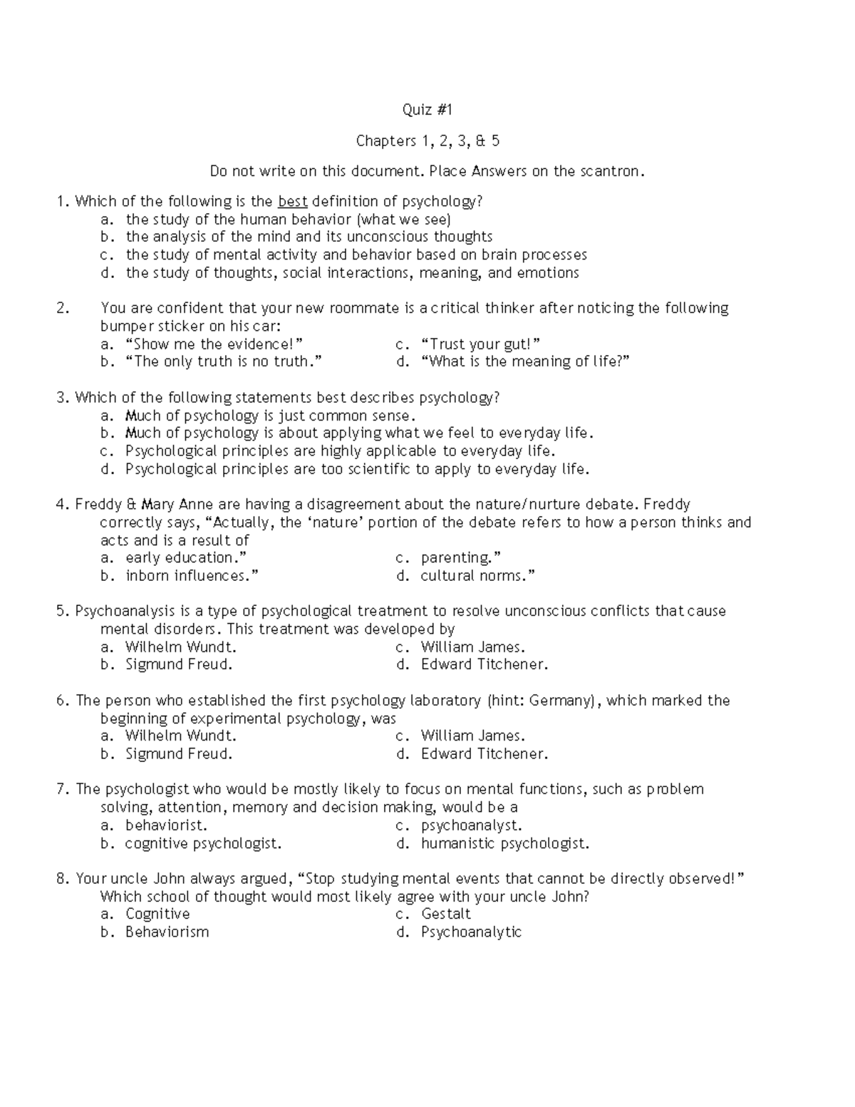 102 Quiz 1. Student COPY Ch. 1.2 - Quiz # Chapters 1, 2, 3, & 5 Do Not ...