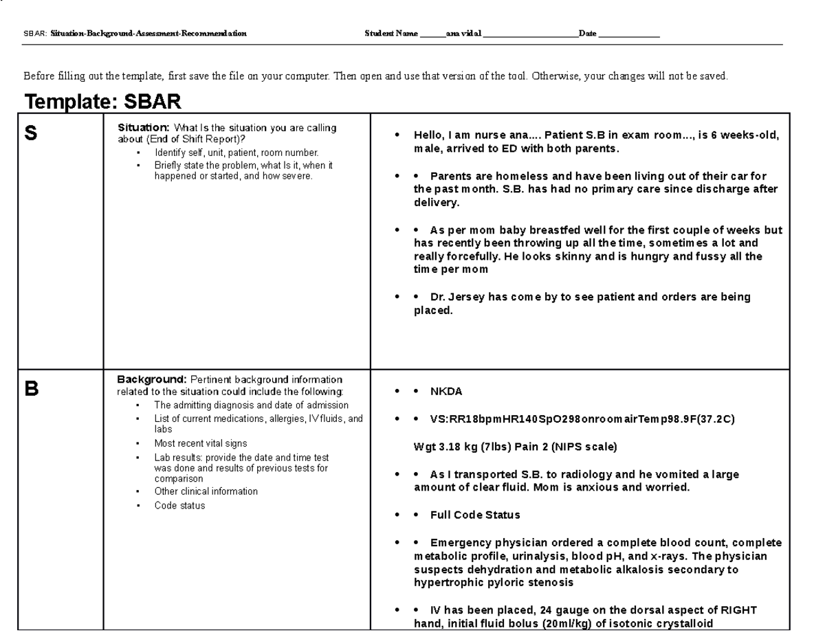 SBAR Pyloric Stenosis NUR205P - SBAR: Situation-Background-Assessment ...