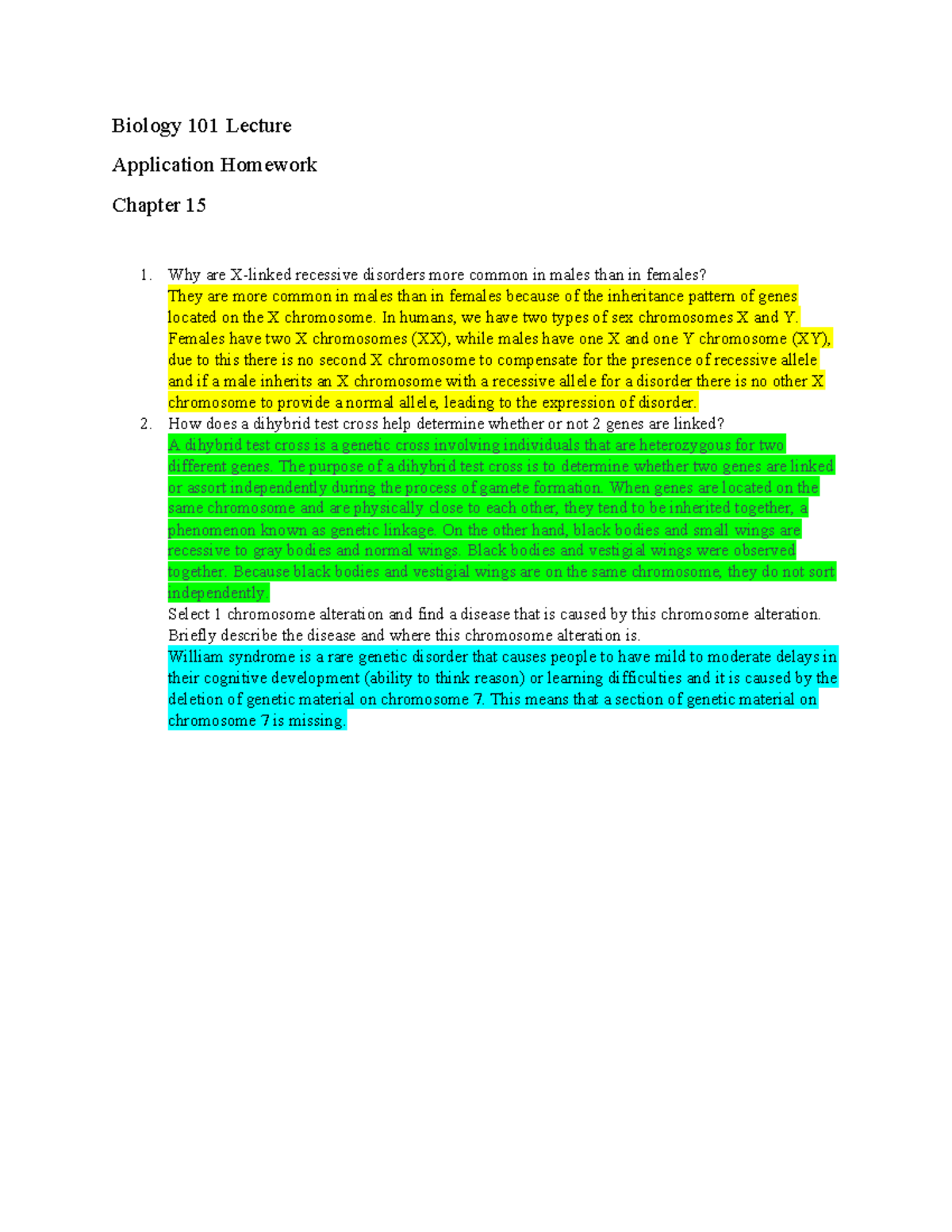 Chapter 15 application hw - Biology 101 Lecture Application Homework ...