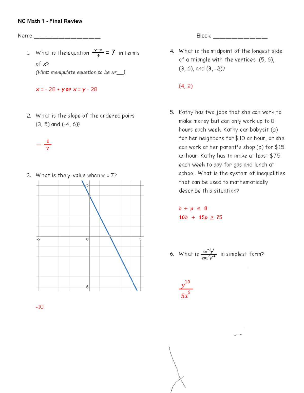 Nc Math 1 - Final Review Answer Key - Name:                       Block