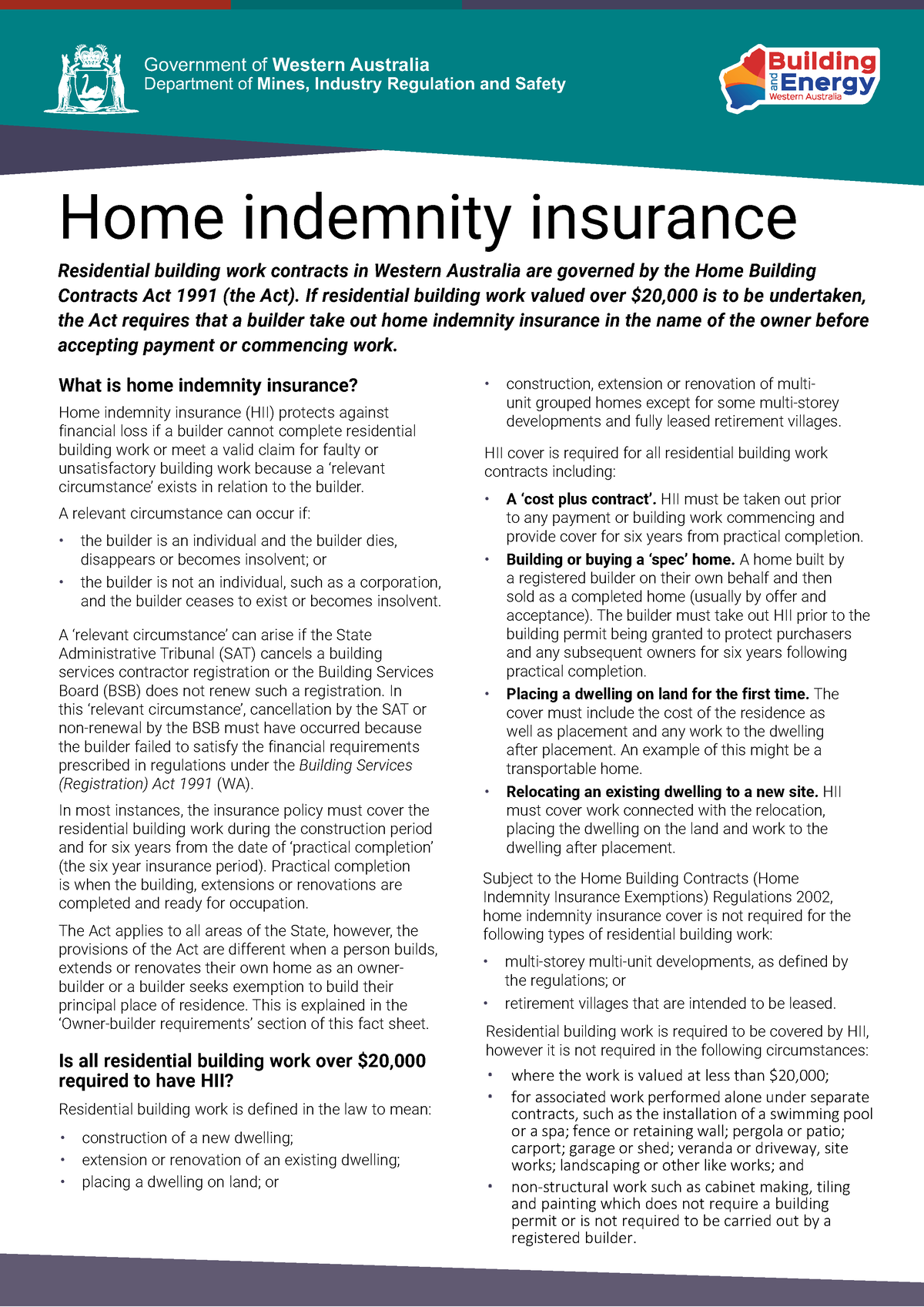 Home Indemnity Insurance Web Government Of Western Australia 