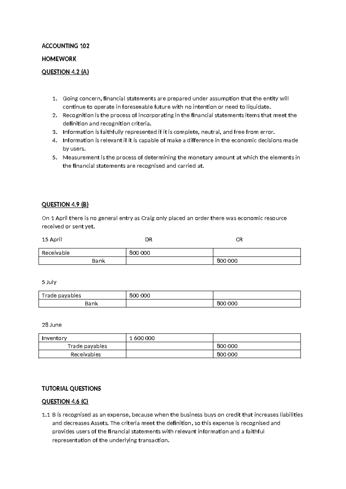 Accounting 102 Tutorial 2 2 - ACCOUNTING 102 HOMEWORK QUESTION 4 (A ...