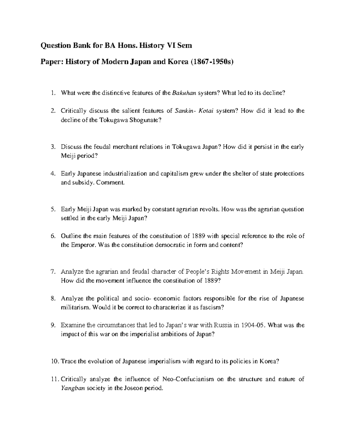 Japan pyq previous year question Question Bank for BA Hons. History