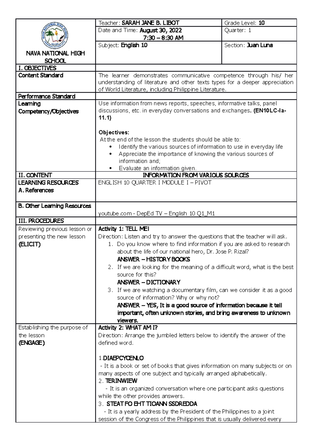 Module 1-EN - english - NAVA NATIONAL HIGH SCHOOL Teacher: SARAH JANE B ...