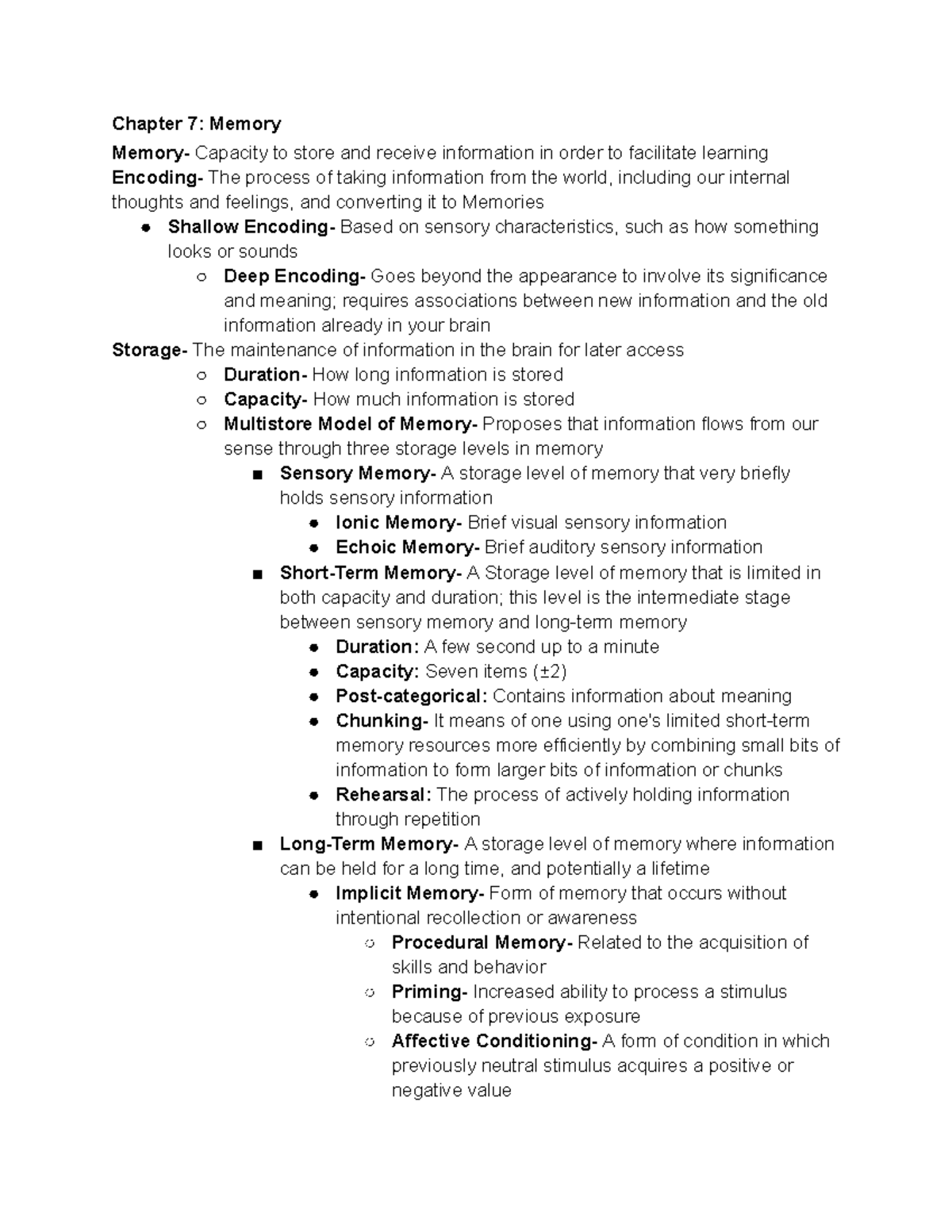 UMBC PSYC 100 Ch. 7 Notes - Chapter 7: Memory Memory- Capacity to store ...