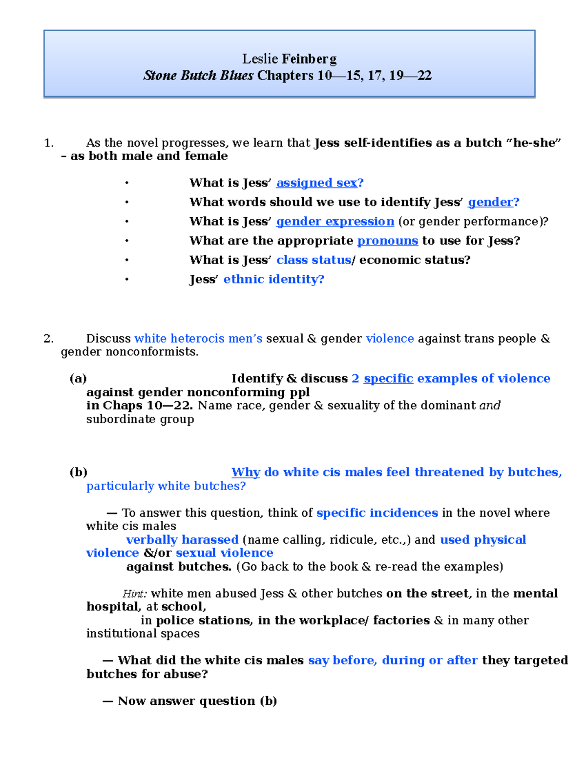 Stone butch blues - Chapters 10 to 15 , 17 and 19-22 - discussion ...