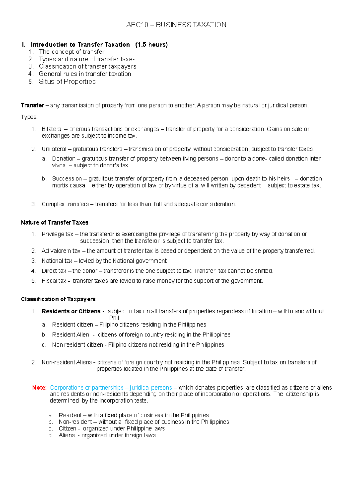 Unit I Introuction to transfer taxes - AEC10 – BUSINESS TAXATION I ...