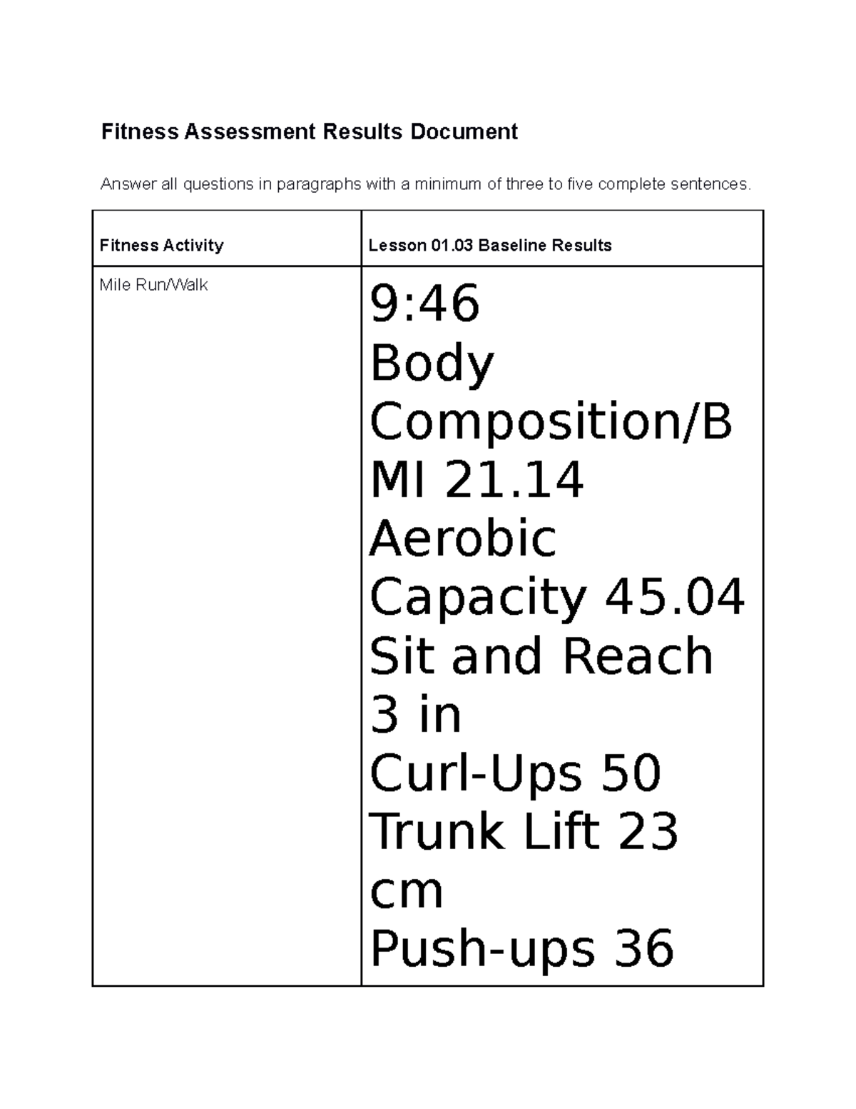 Fitness assessment results Fitness Activity Lesson 01 Baseline