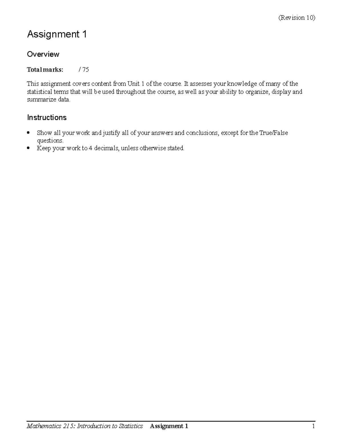 Assignment 01 math - math assessment 1 - Assignment 1 Overview Total ...