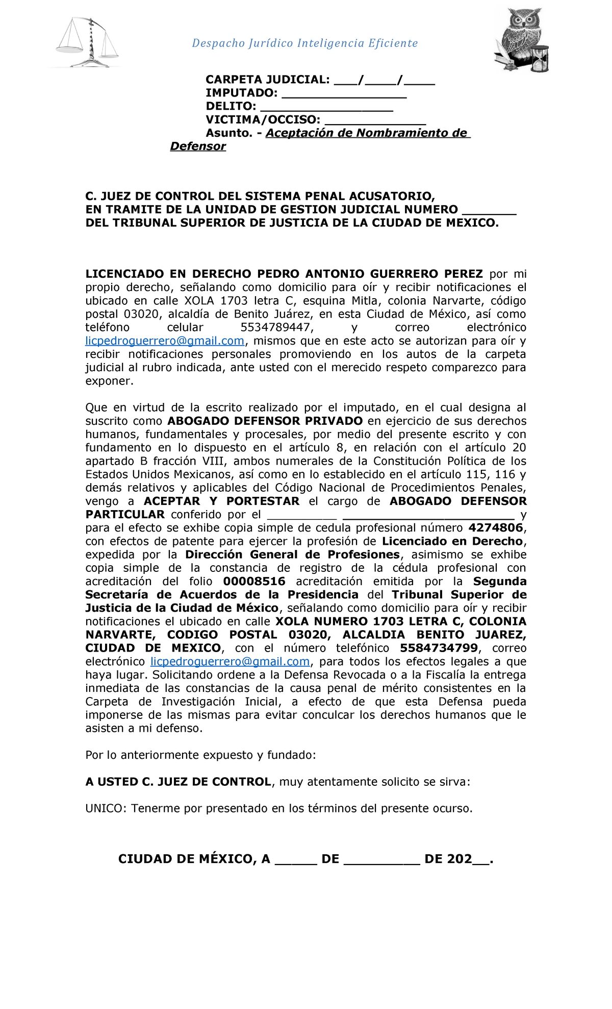 Aceptacion De Abogado En Blanco Despacho Jurídico Inteligencia