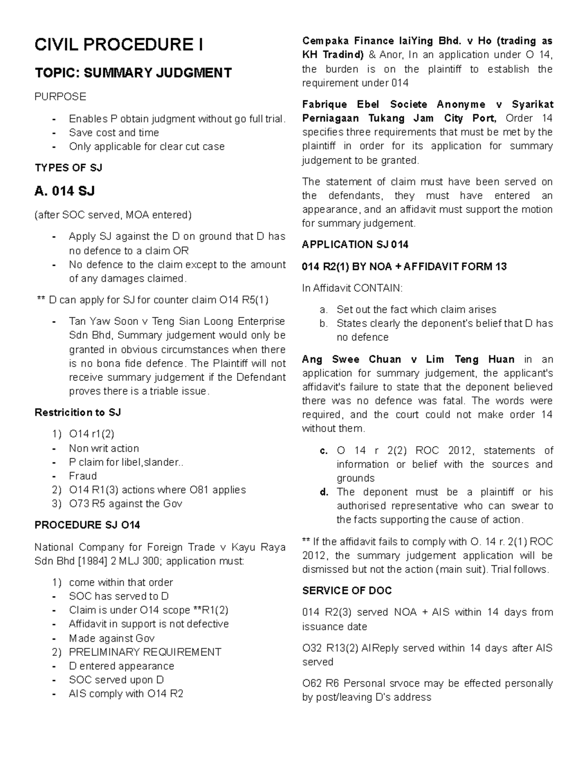 Sumary Judgment - Notes - CIVIL PROCEDURE I TOPIC: SUMMARY JUDGMENT ...