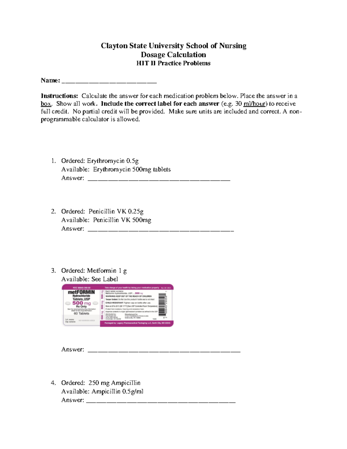 Drug Calculation Practice Problems Clayton State University School of