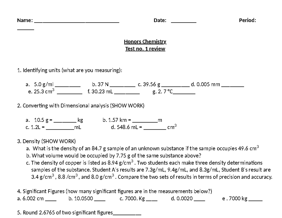 Honors Chemistry Test Review - Name ...