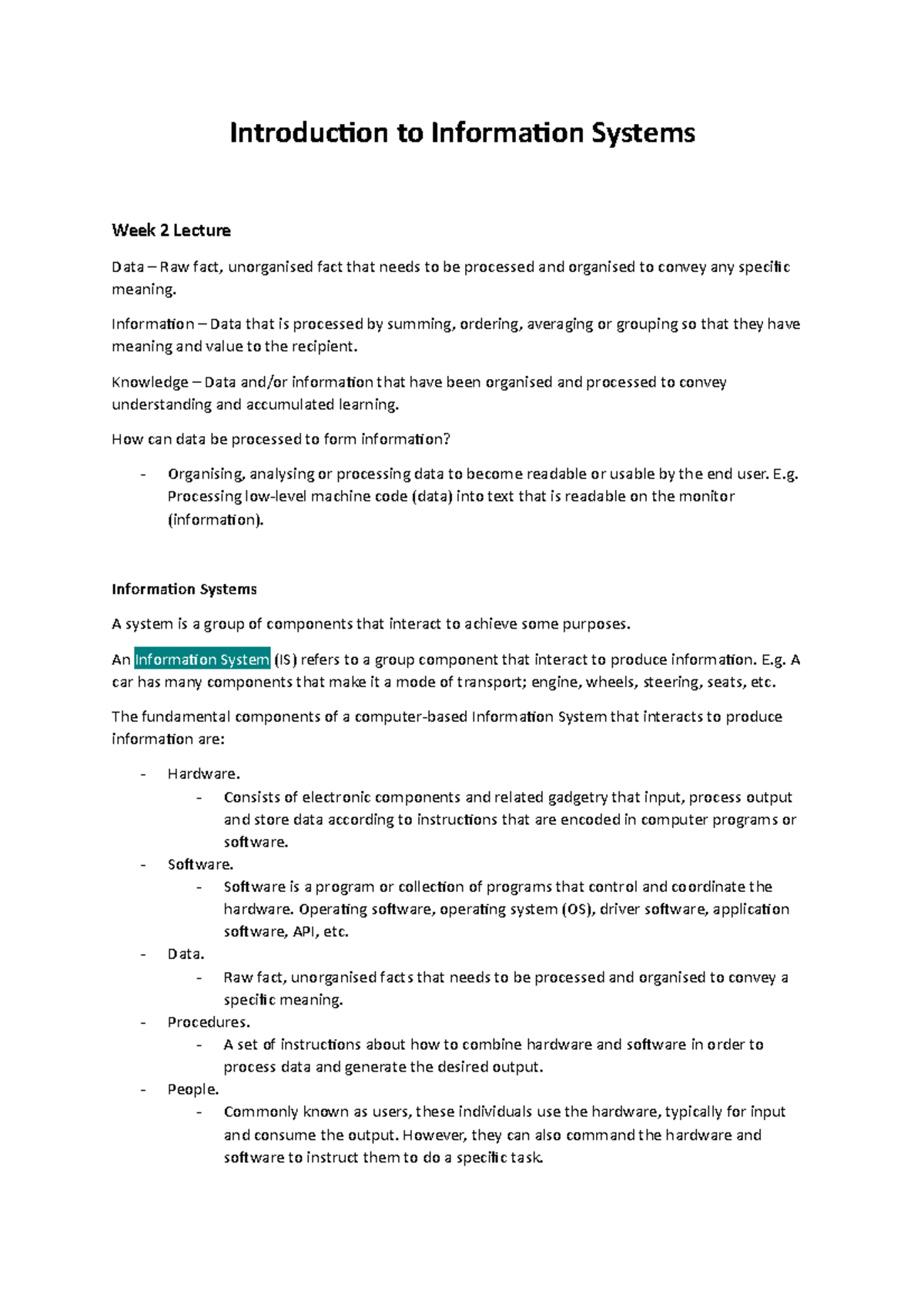 Introduction to Information Systems - Information Data that is ...