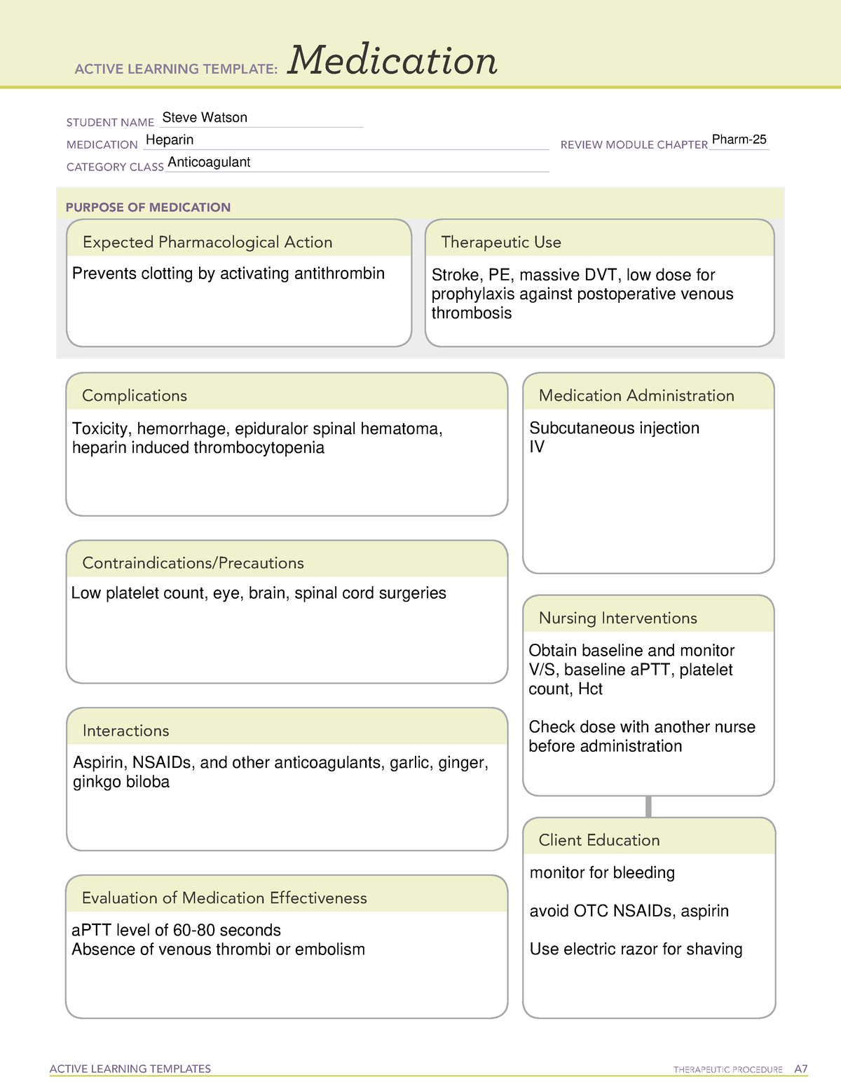 ATI medication template Heparin ACTIVE LEARNING TEMPLATES THERAPEUTIC