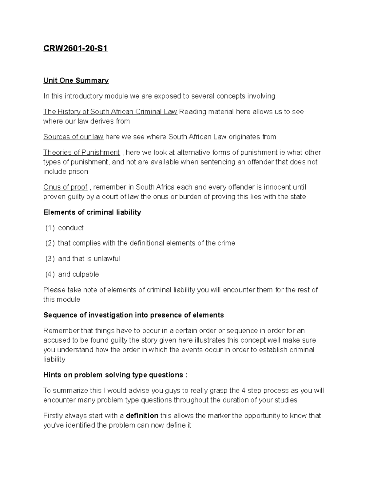 CRW 2601 Tutors Summaries CRW260120S Unit One Summary In this introductory module we are