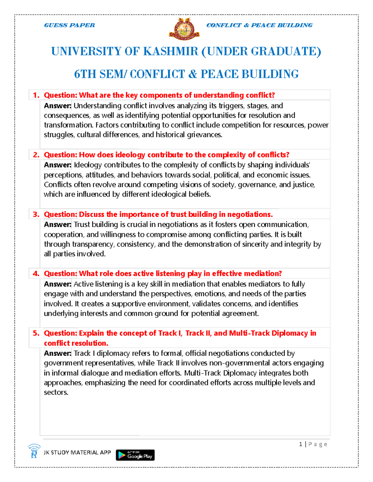Conflict and Peace Building Guess Paper 2024 - UNIVERSITY OF KASHMIR ...
