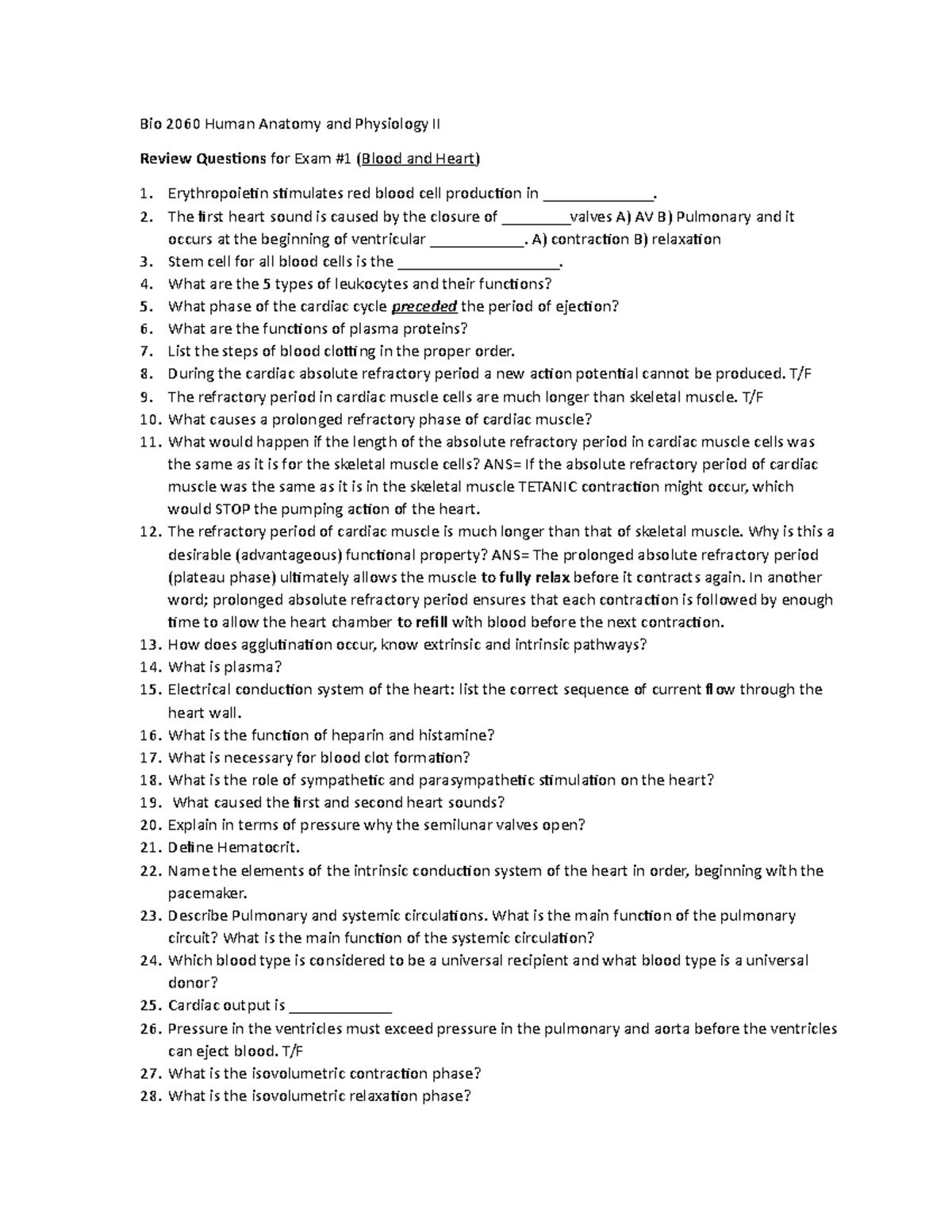 AP II Review Qs For Ex #1 - Bio 2060 Human Anatomy And Physiology II ...