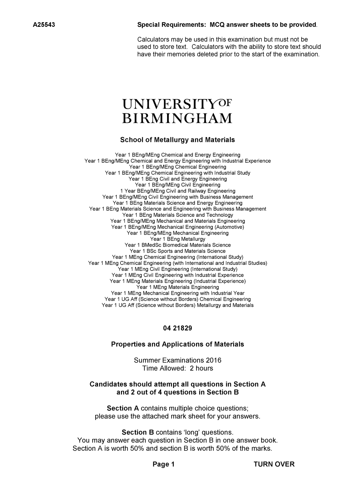 Exam 2016, questions - A25543 Special Requirements: MCQ answer sheets Sns-Brigh10