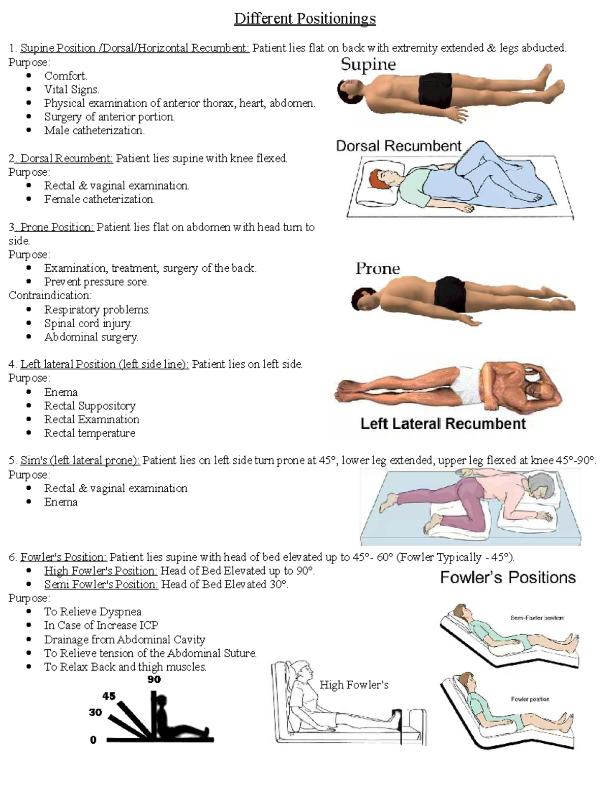 Different Patient Positioning - Different Positionings Supine Position  DorsalHorizontal Recumbent: - Studocu