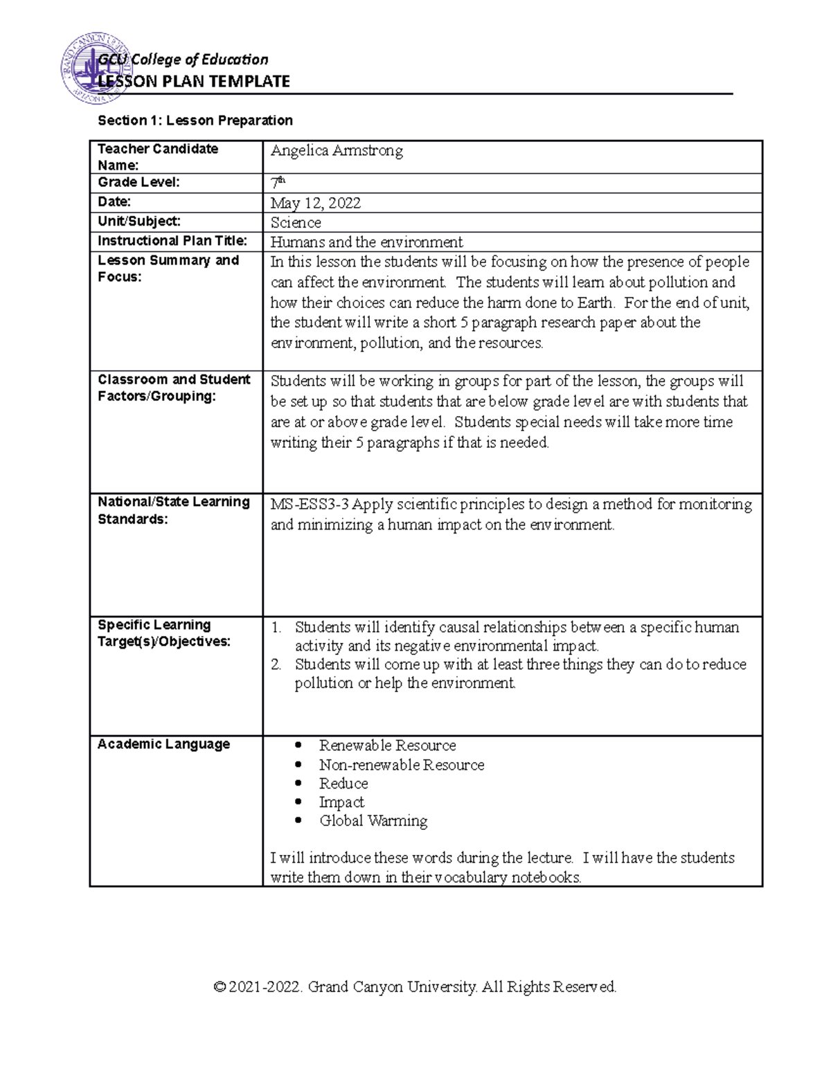 Lesson Plan Topic 6 Aarmstrong - Lesson Plan Template Section 1: Lesson 