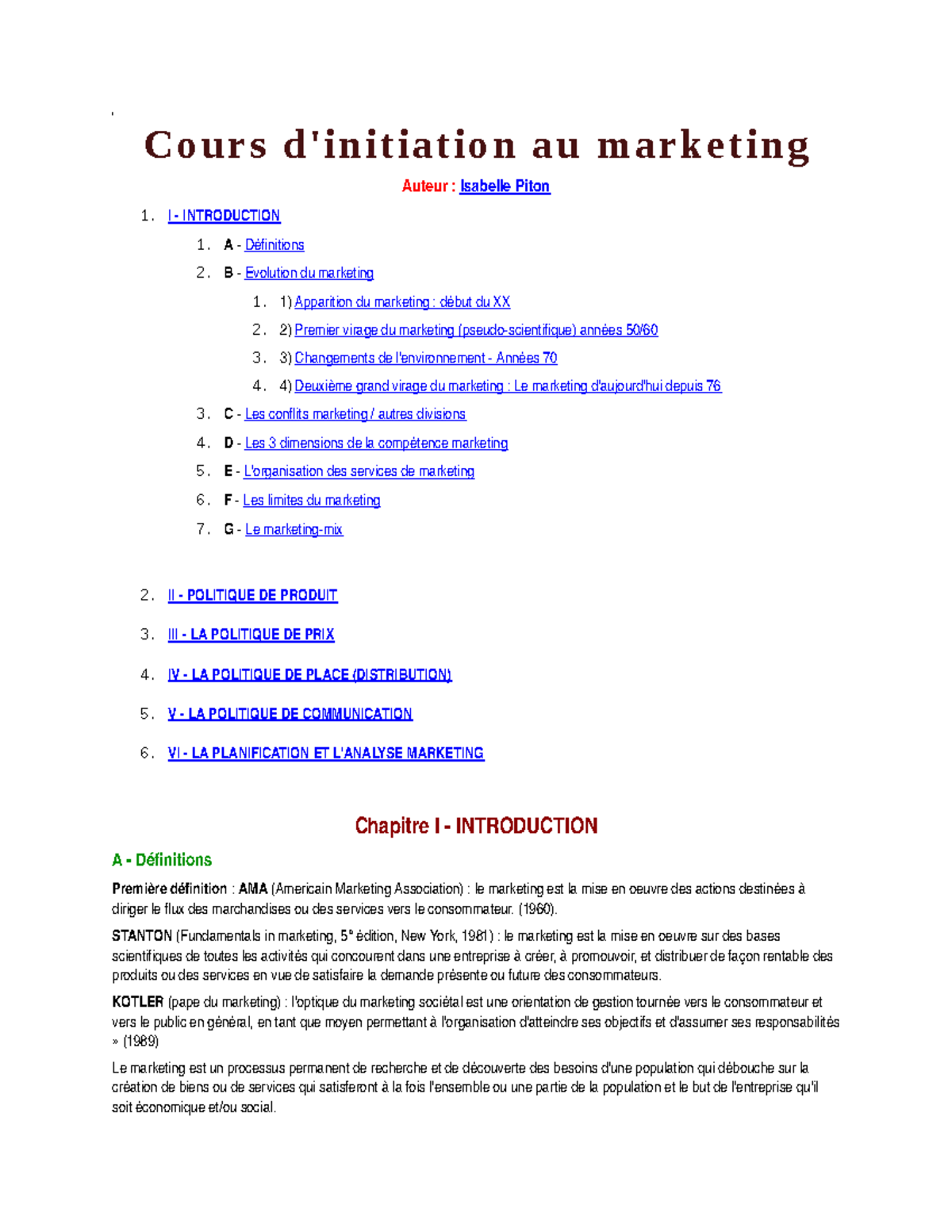 54bb526dbcf1f Cours d'initiation au marketing Auteur Isabelle Piton