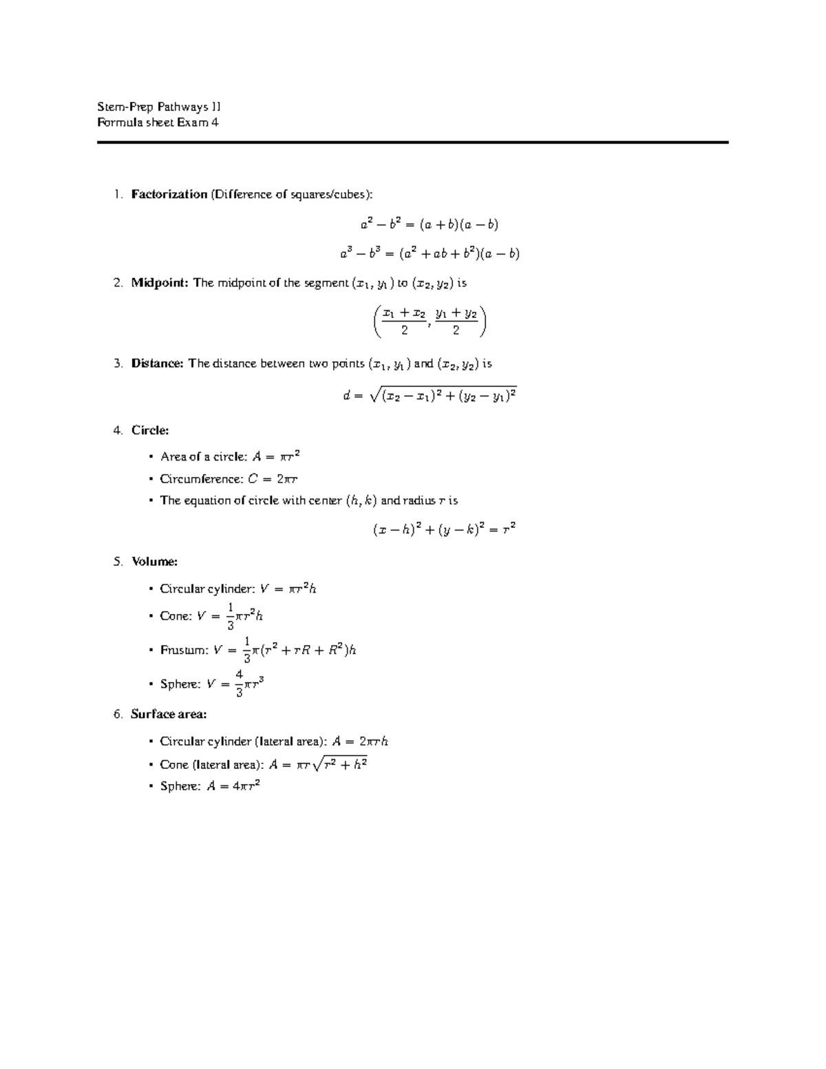 Exam 4 formula sheet - Stem-Prep Pathways II Formula sheet Exam 4 ...