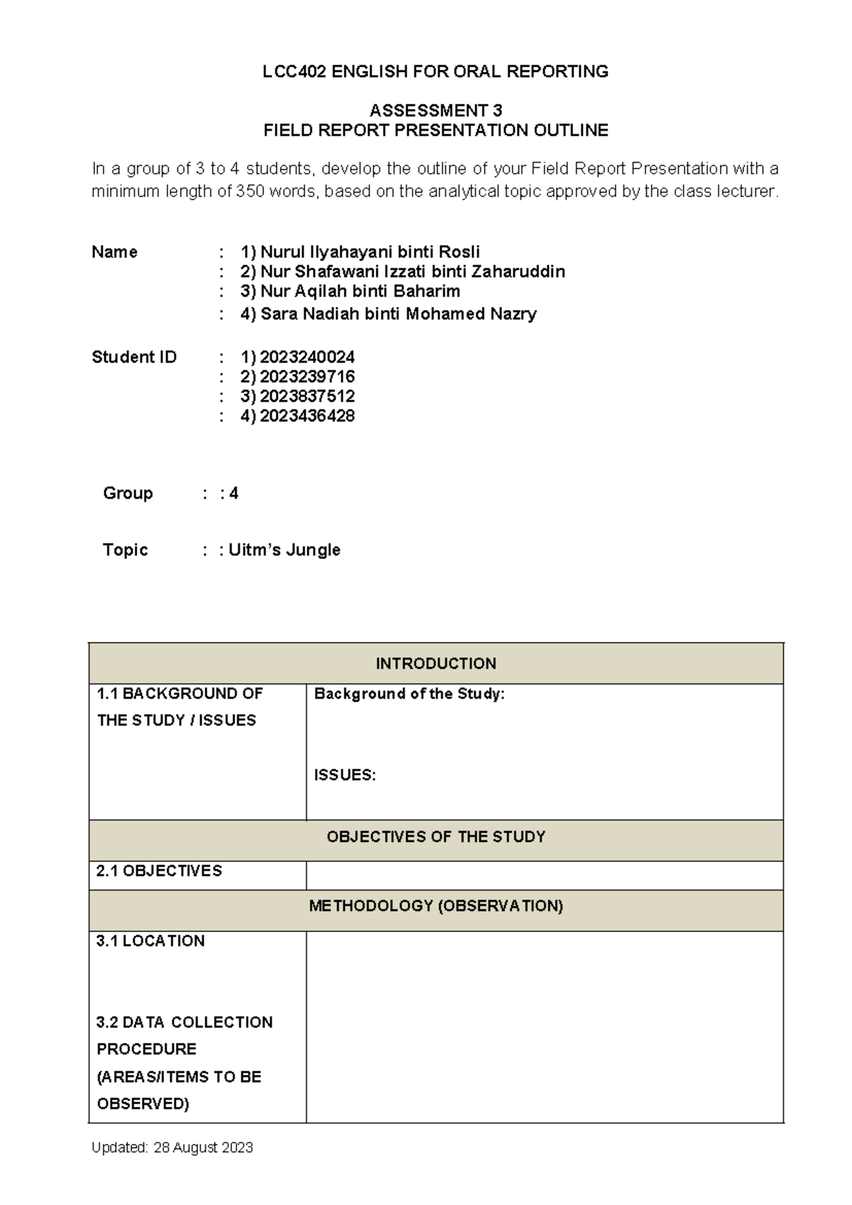 Field Report Outline Empty template - LCC402 ENGLISH FOR ORAL REPORTING ...