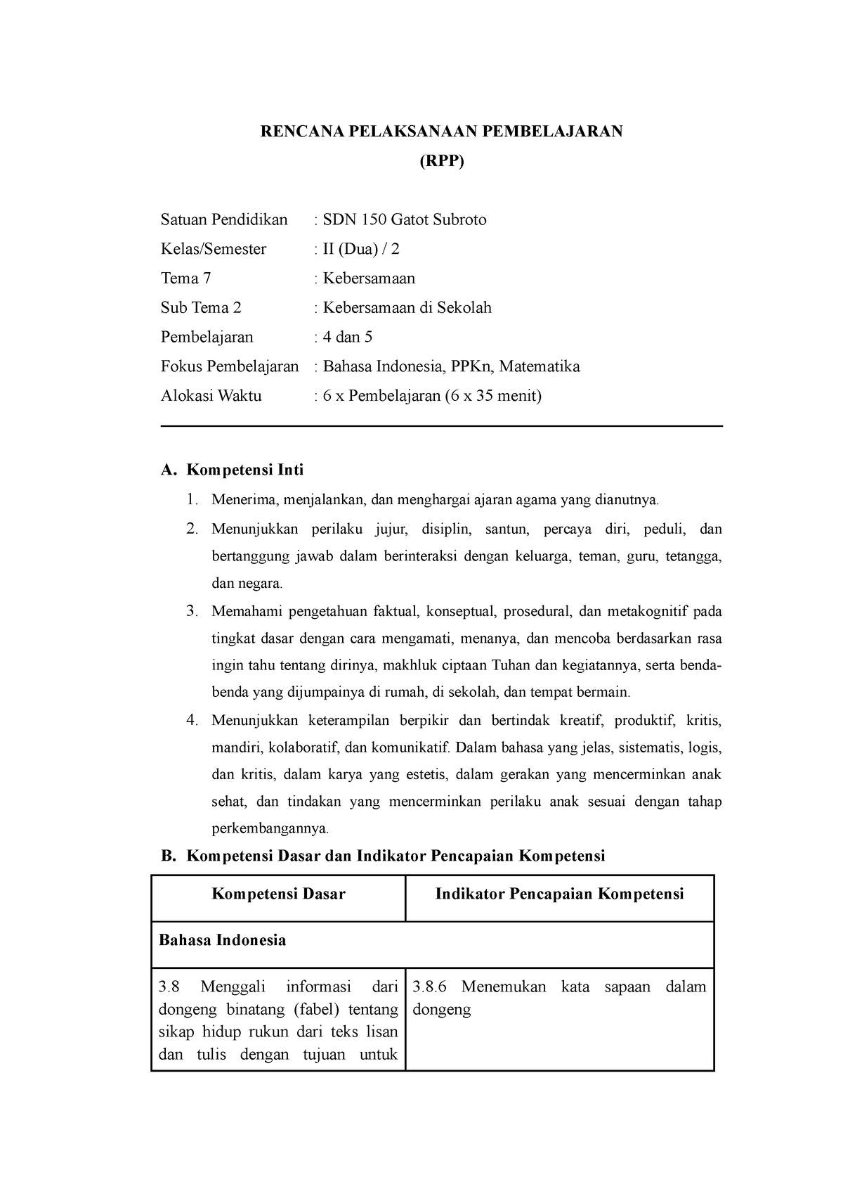 Rpp Kelas 2 Tema 7 Subtema 2 Pembelajaran 4 Dan 5 Rencana