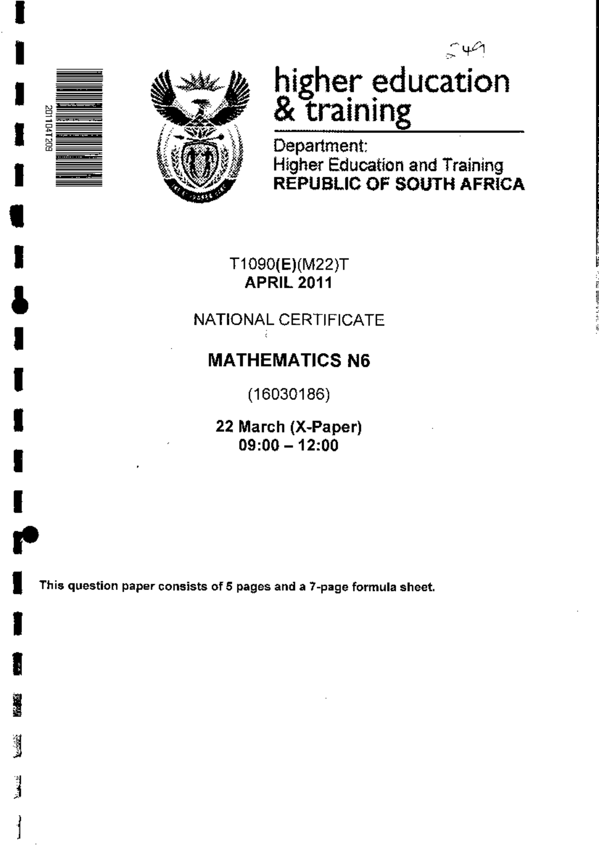 Mathematics N6 X Paper Mar 2011 - 249 higher education training ...