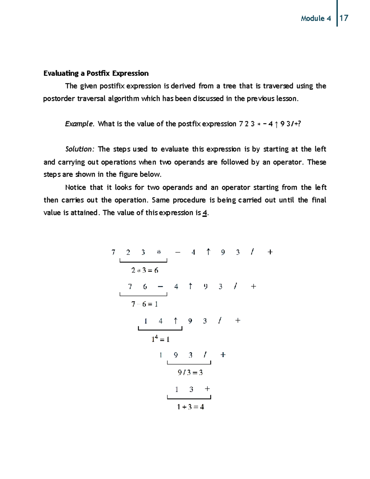 Module 4 DS 4 - Evaluating a Postfix Expression The given postifix ...