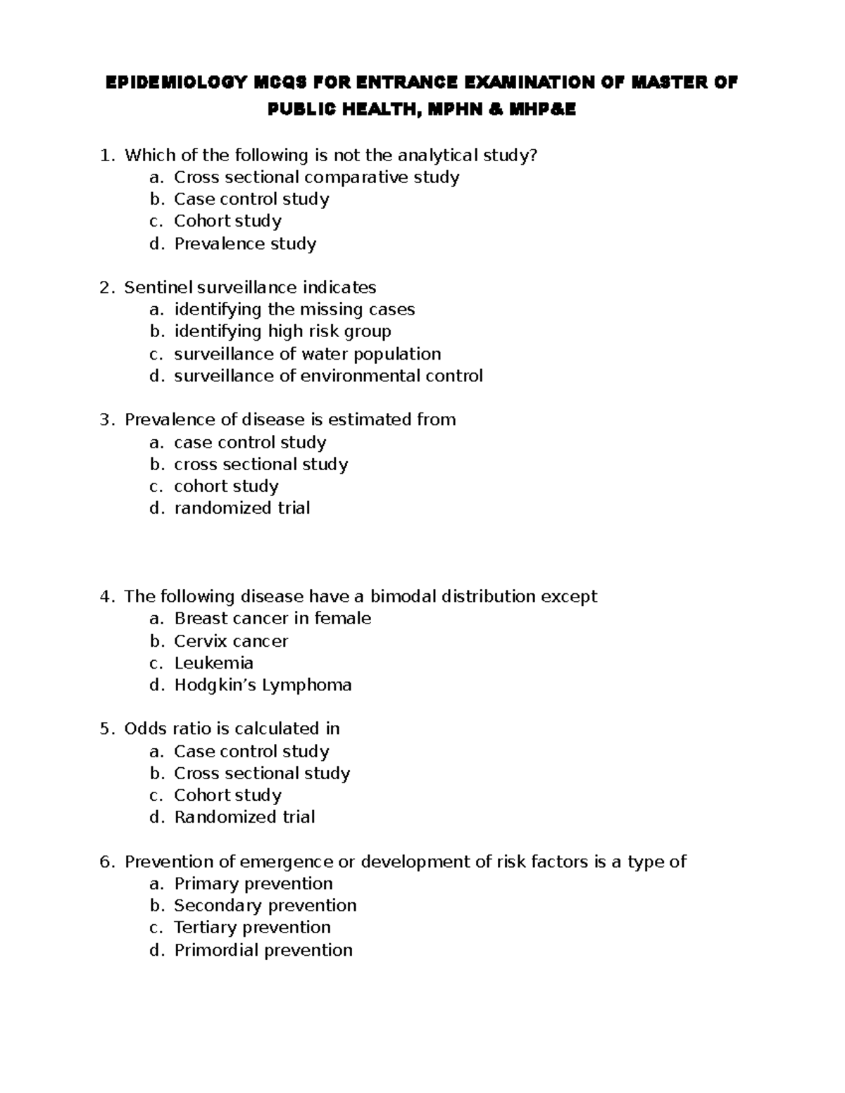 Final 07 7 November 2019, questions and answers EPIDEMIOLOGY MCQS FOR