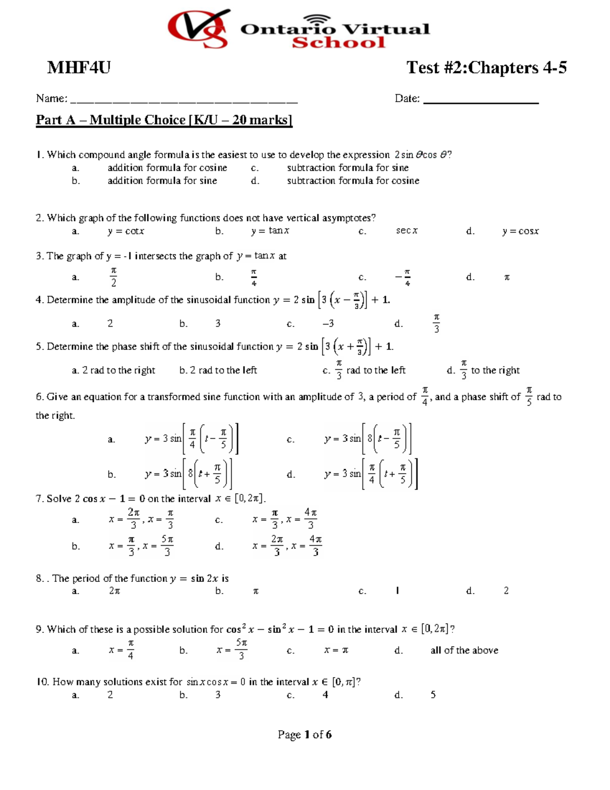 1584587559 Unit 2 Test V1 Ontario Virtual School MHF4U Test 2 