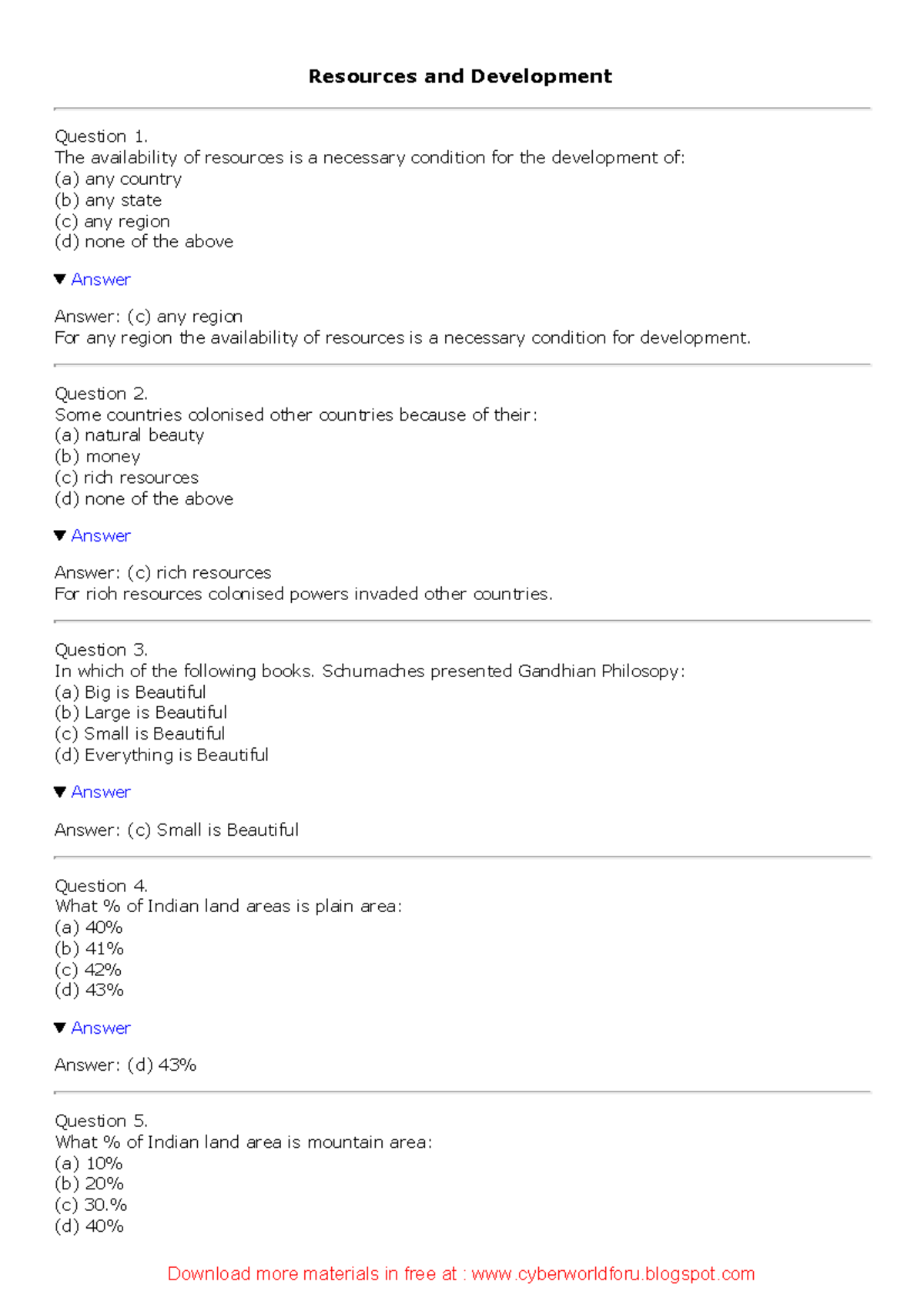 Resources and Development Resources and Development Question 1. The