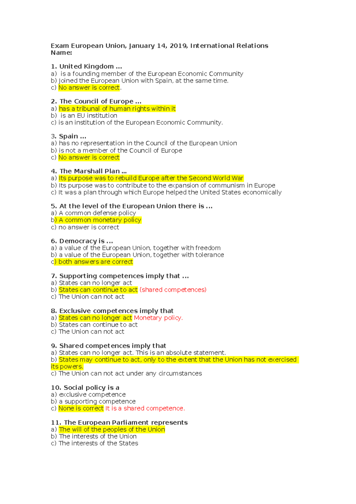 Examen 2019 test - Exam European Union, January 14, 2019, International ...