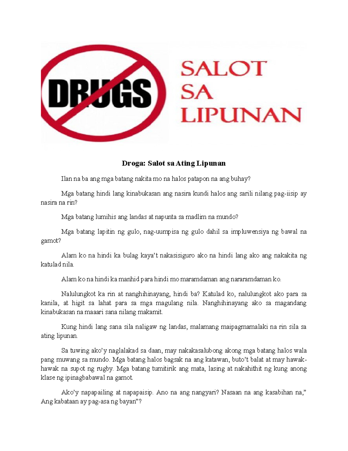 Droga Salot - A piece of writing - Droga: Salot sa Ating Lipunan Ilan ...