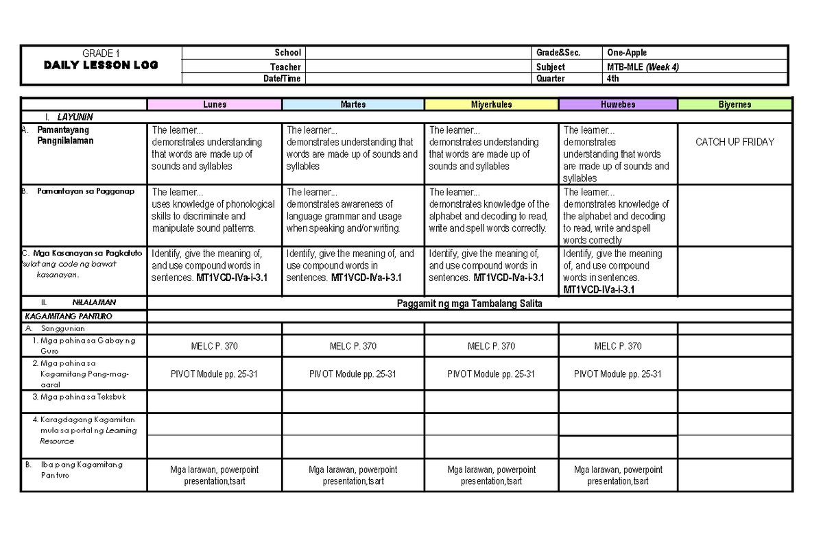 Q4 Dll Mtb-mle Week-4 - Dll - Grade 1 Daily Lesson Log School Grade&sec 