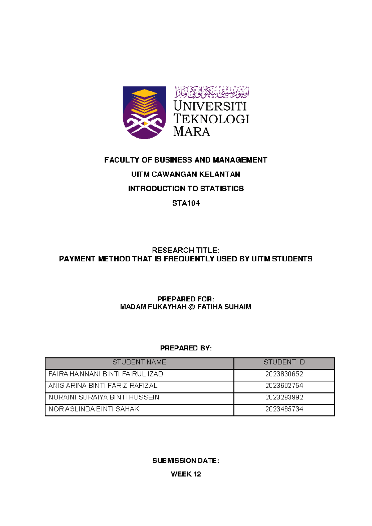 STA Final COPY - UiTMCK - FACULTY OF BUSINESS AND MANAGEMENT UITM ...