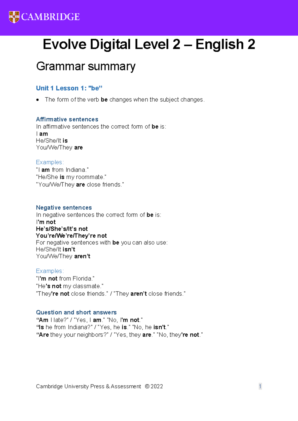 Unit 1 - E2 - Grammar - Gramatica - Cambridge University Press ...