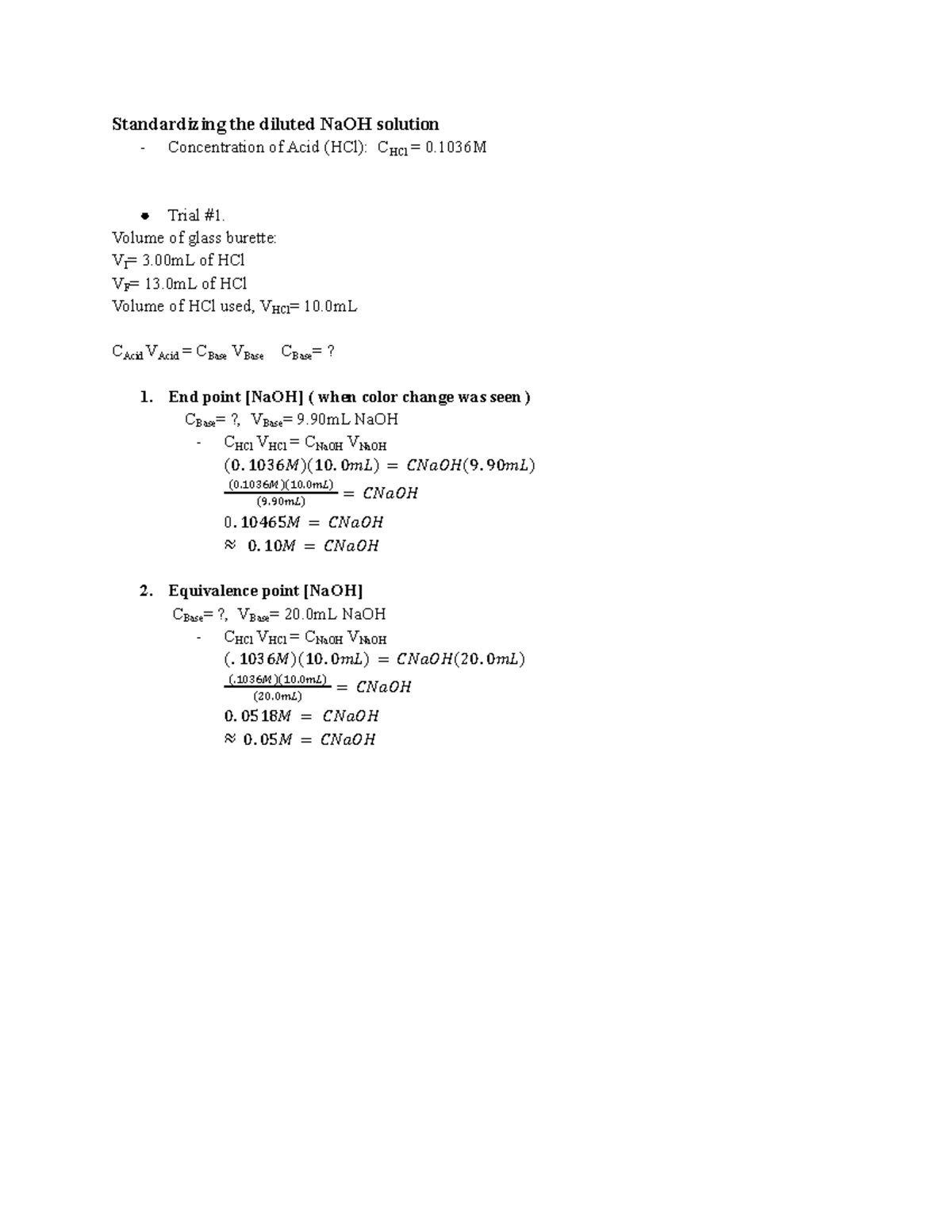 Acid Base Titration Calculations Standardizing the diluted NaOH