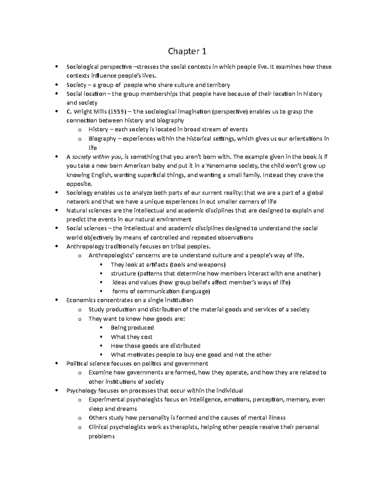 Unit 1 - Chapter Notes - Chapter 1 Sociological Perspective –stresses ...