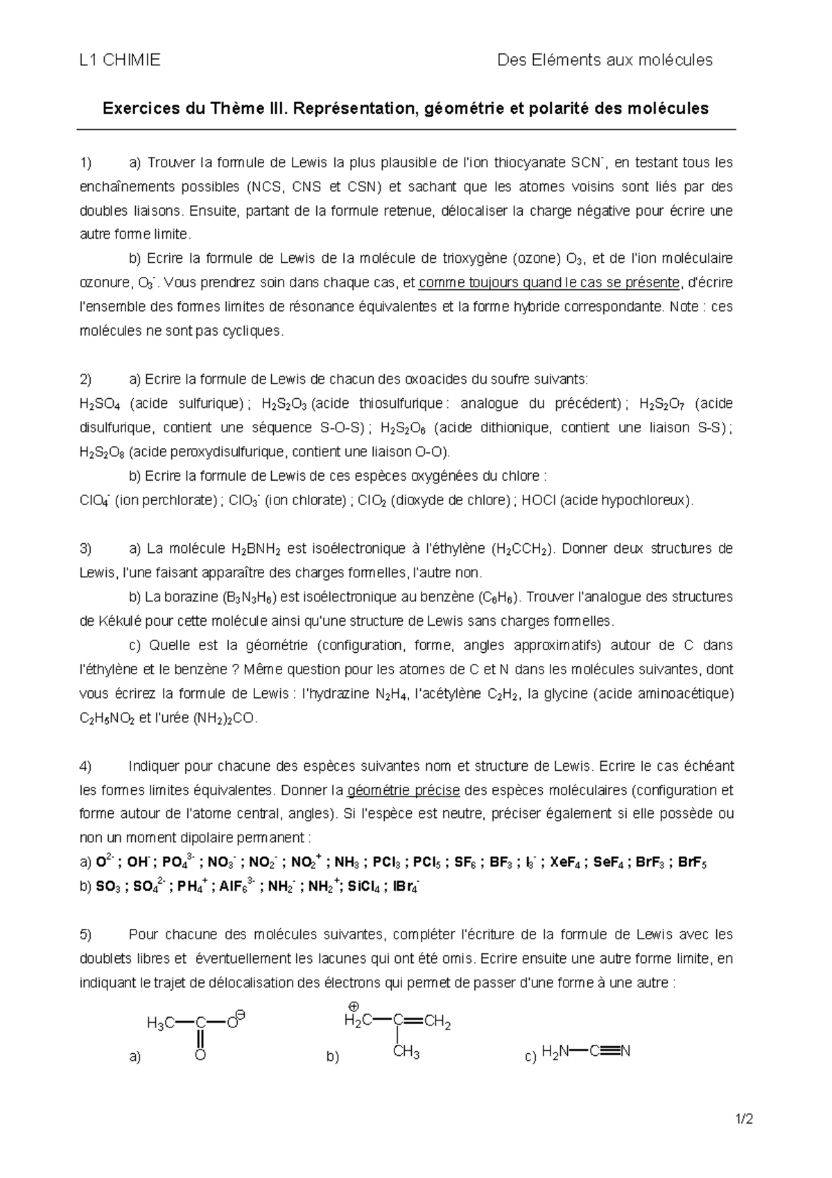 TD Chimie Géneral ( DEAM) - L1 CHIMIE Des Eléments Aux Molécules 1 ...