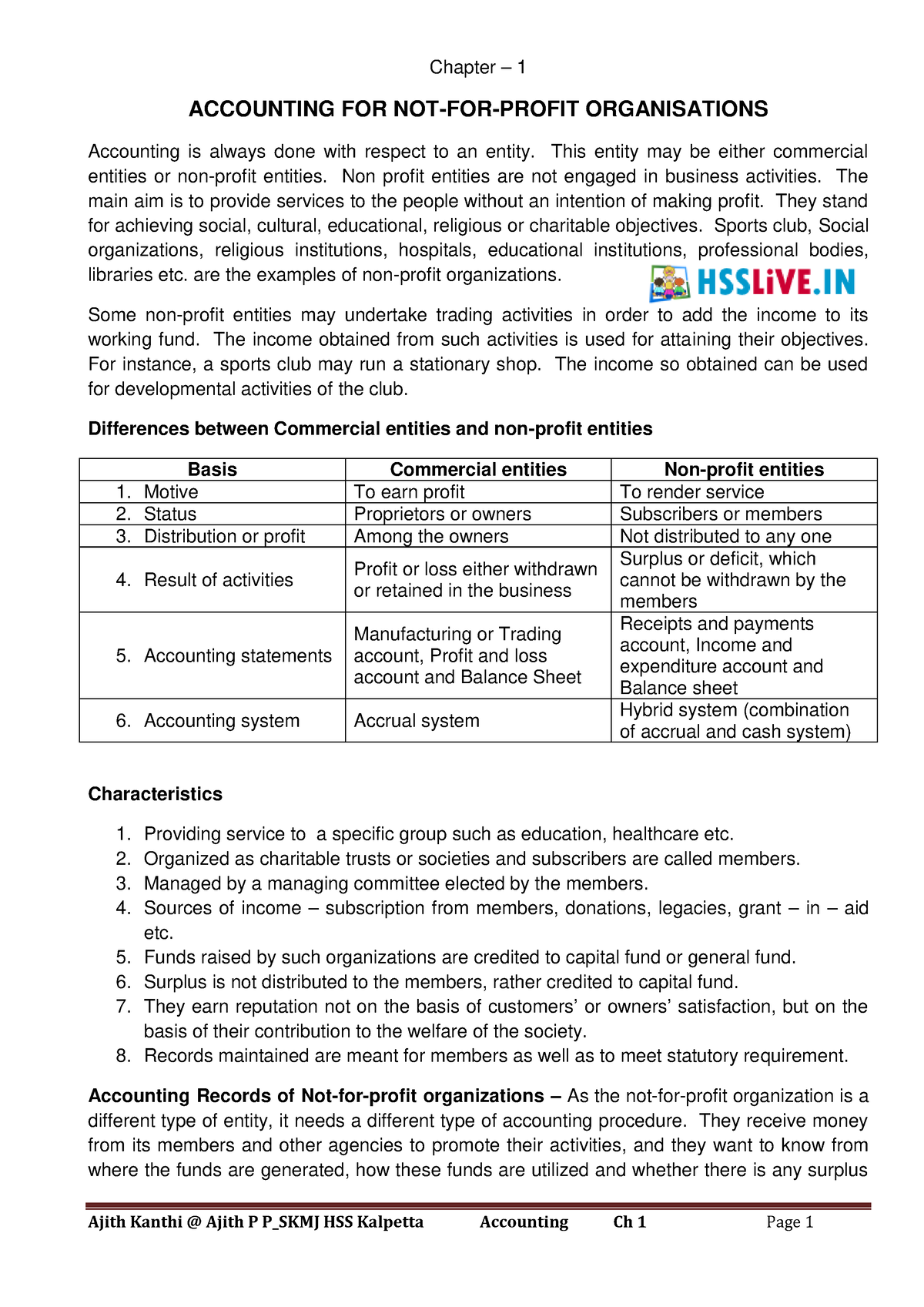 Hsslive-Chapter 12 Not for Profit Organisations - Chapter – 1 ...